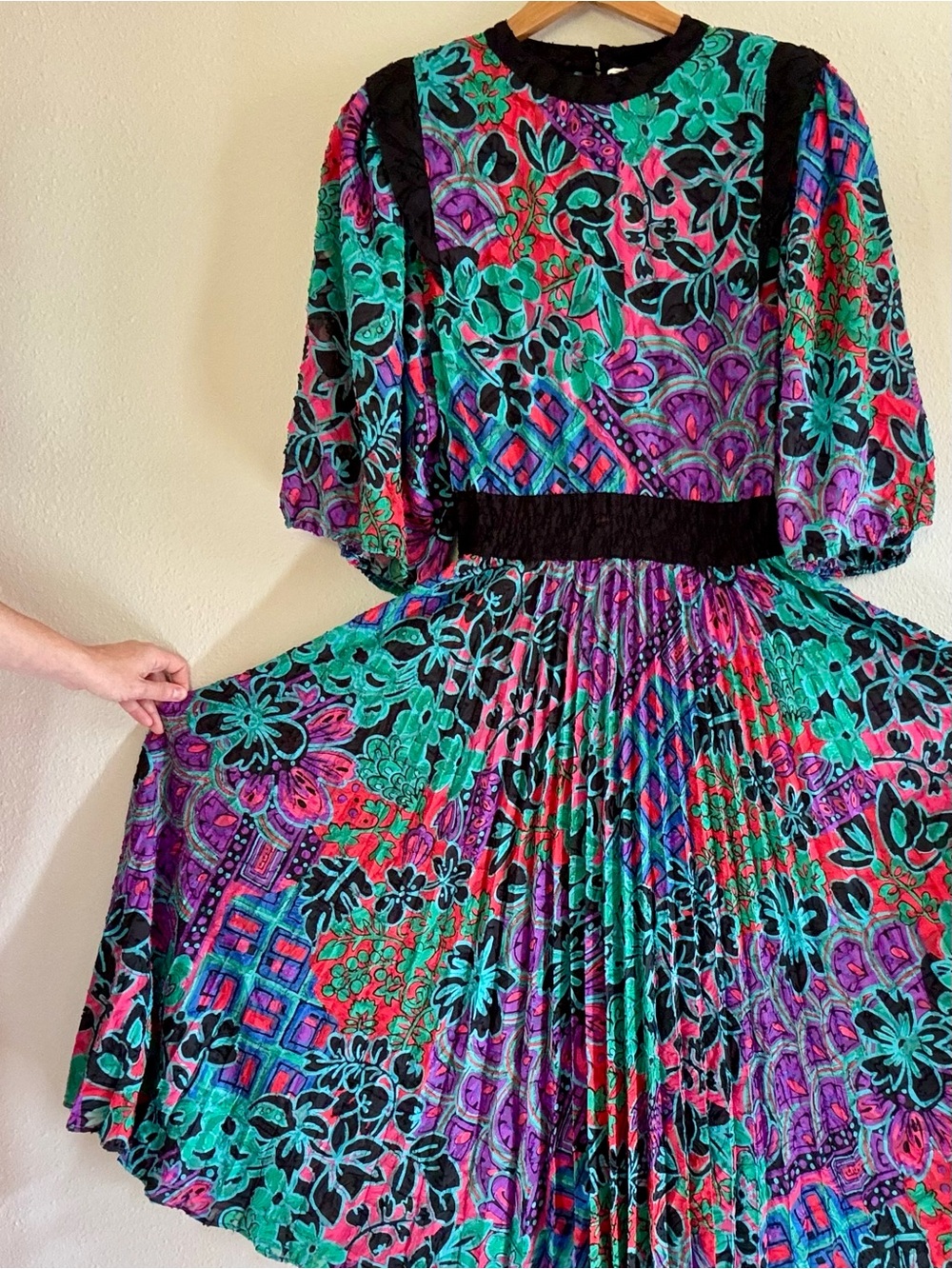 Diane Freis 1980s Dress L XL Colorful Floral Geometric Pleated Midi Maximalist - Picture 2 of 13